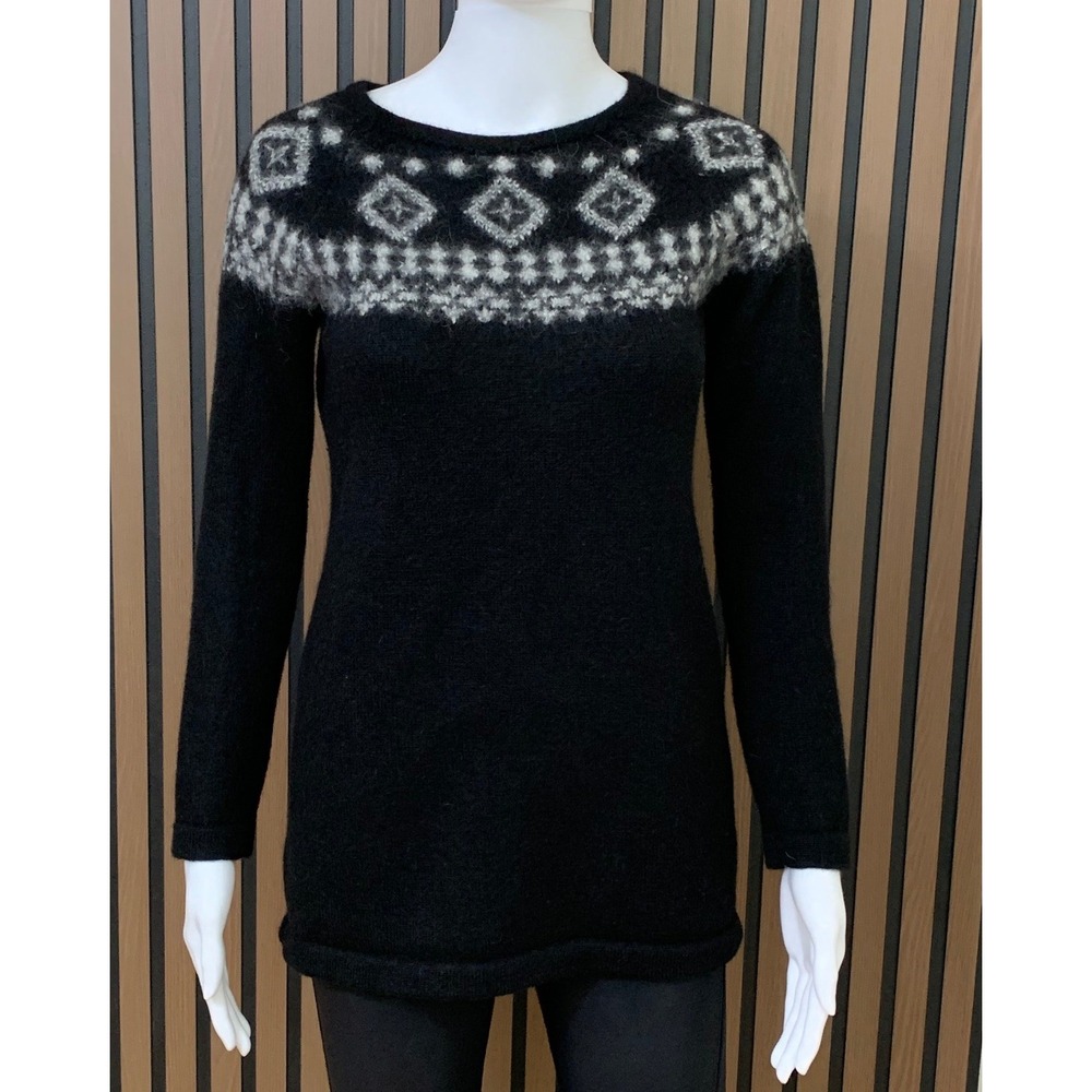 Overland 100% Baby Alpaca‎ Fair Isle Sweater Women's XS Black Grey Knit Peru